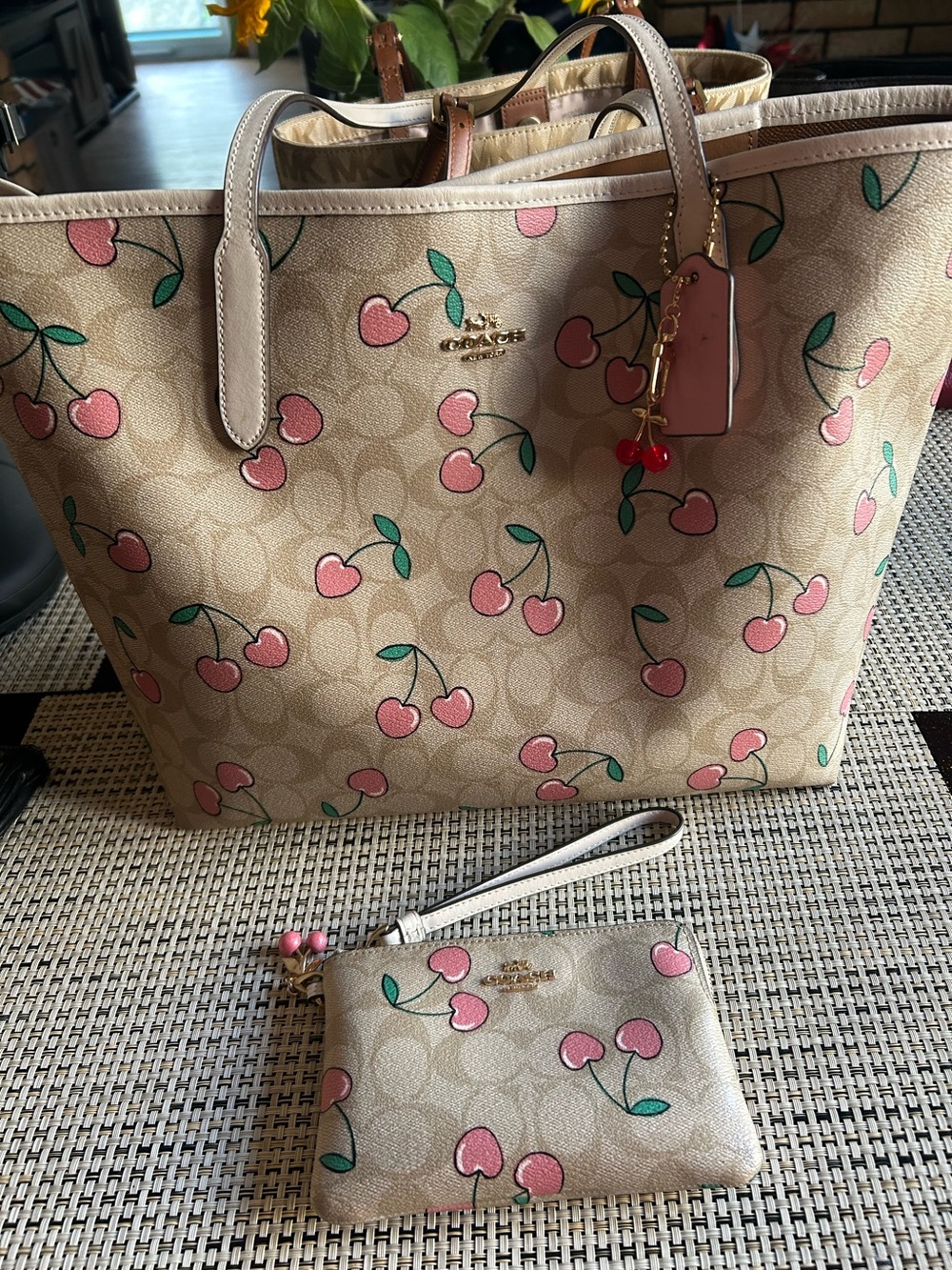 Coach Beige Tote with Pink Cherry Print and Green Leaves